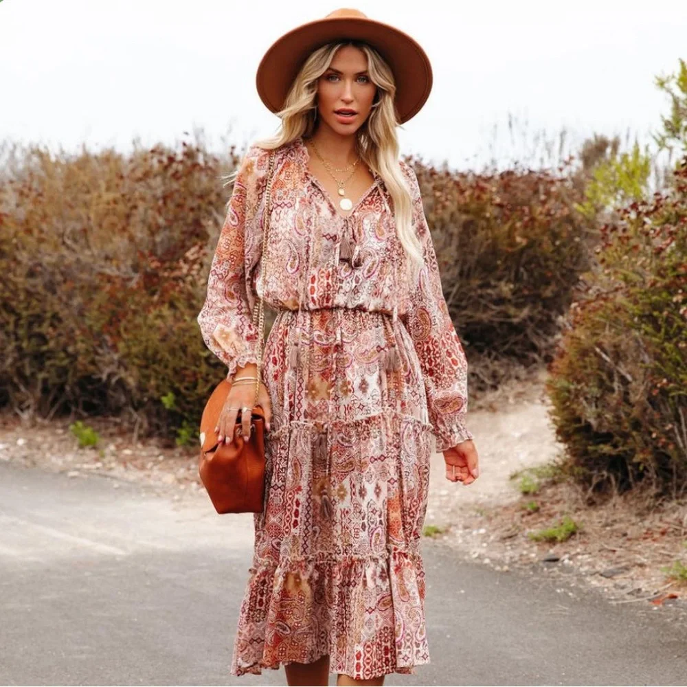 VICI Womens Midi Dresses | Dougherty Cotton Printed Ruffle Midi Dress - Picture 5 of 16